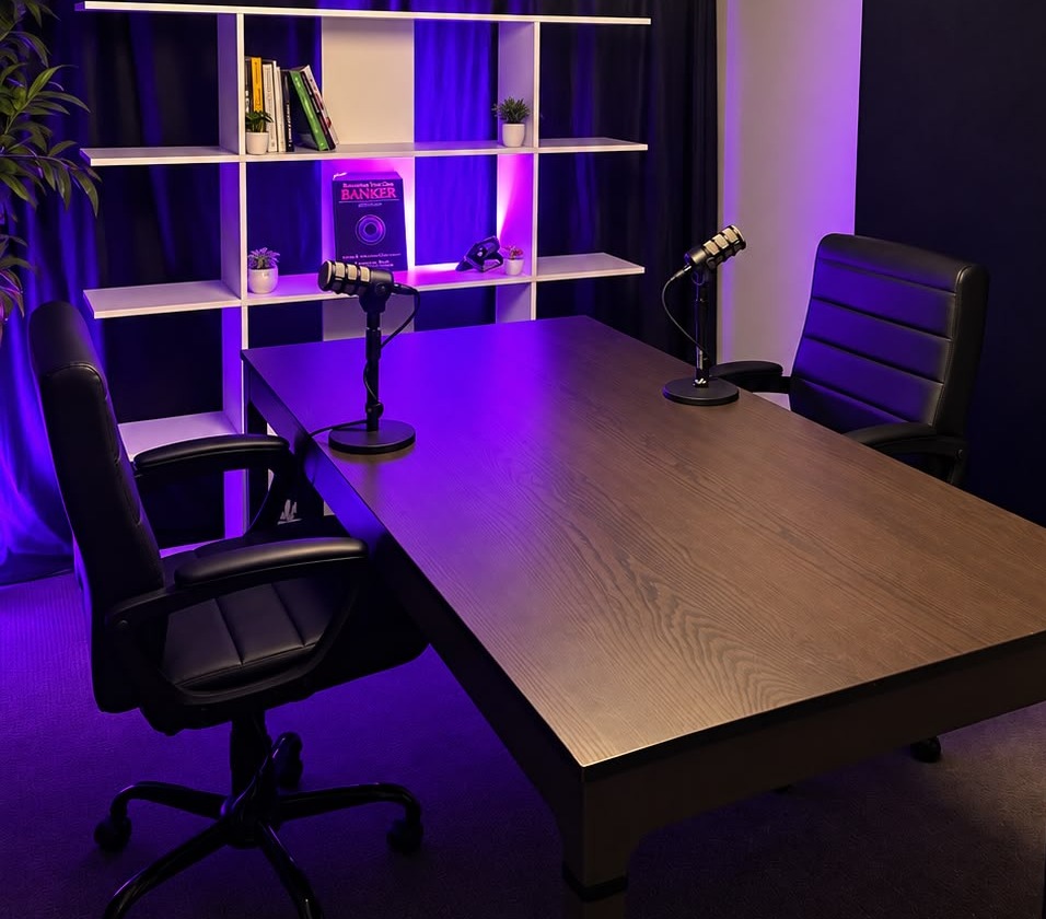 Table du studio avec deux microphones RØDE PodMic sur pieds de table et deux fauteuils noirs.