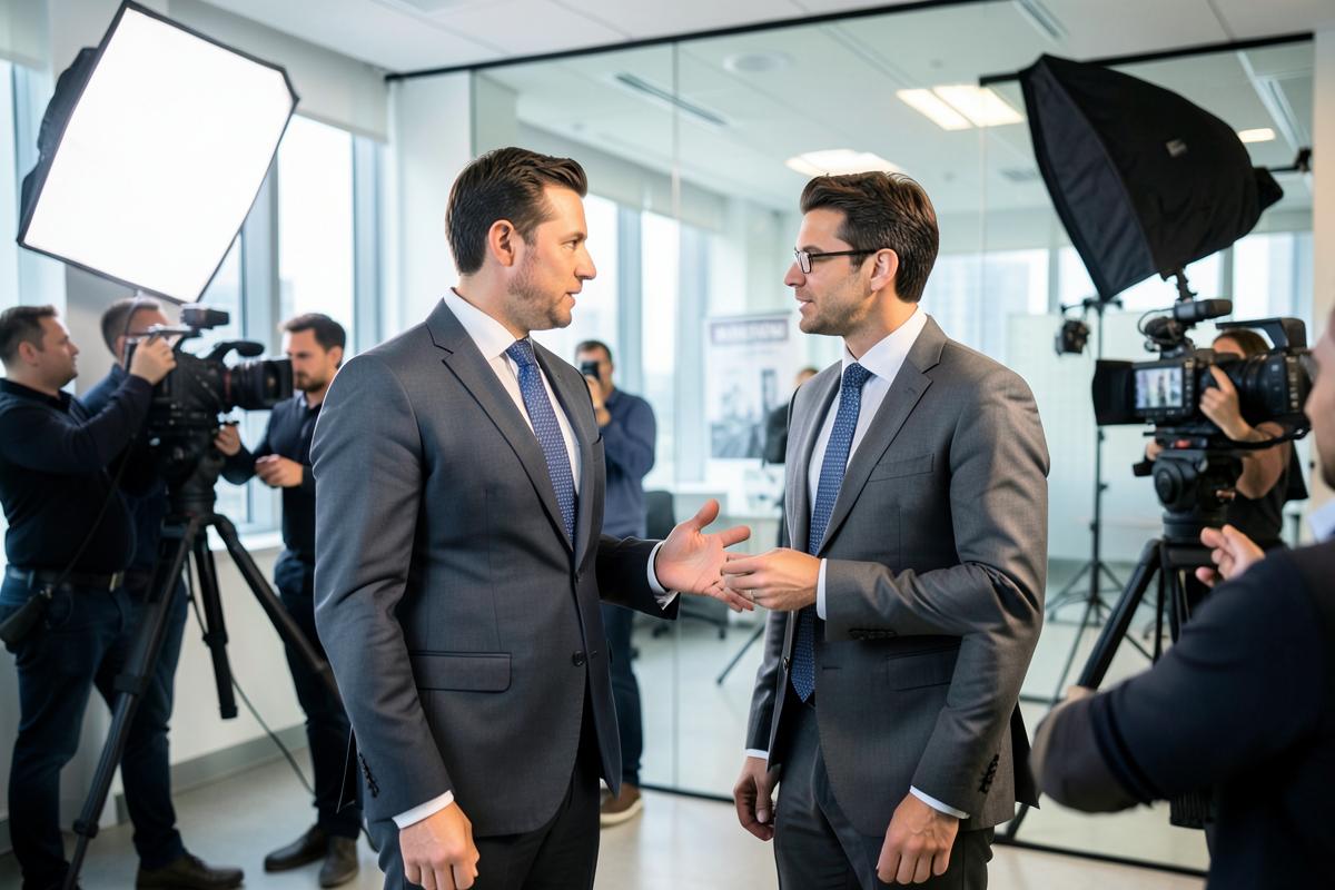 Tournage d'une vidéo corporative dans un bureau moderne avec équipe d'éclairage.