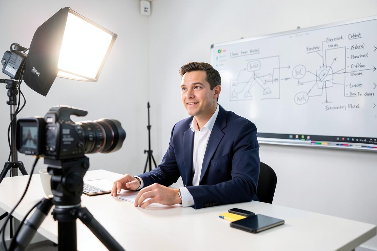 Enregistrement d'une formation vidéo : formateur devant caméra et tableau de planification.