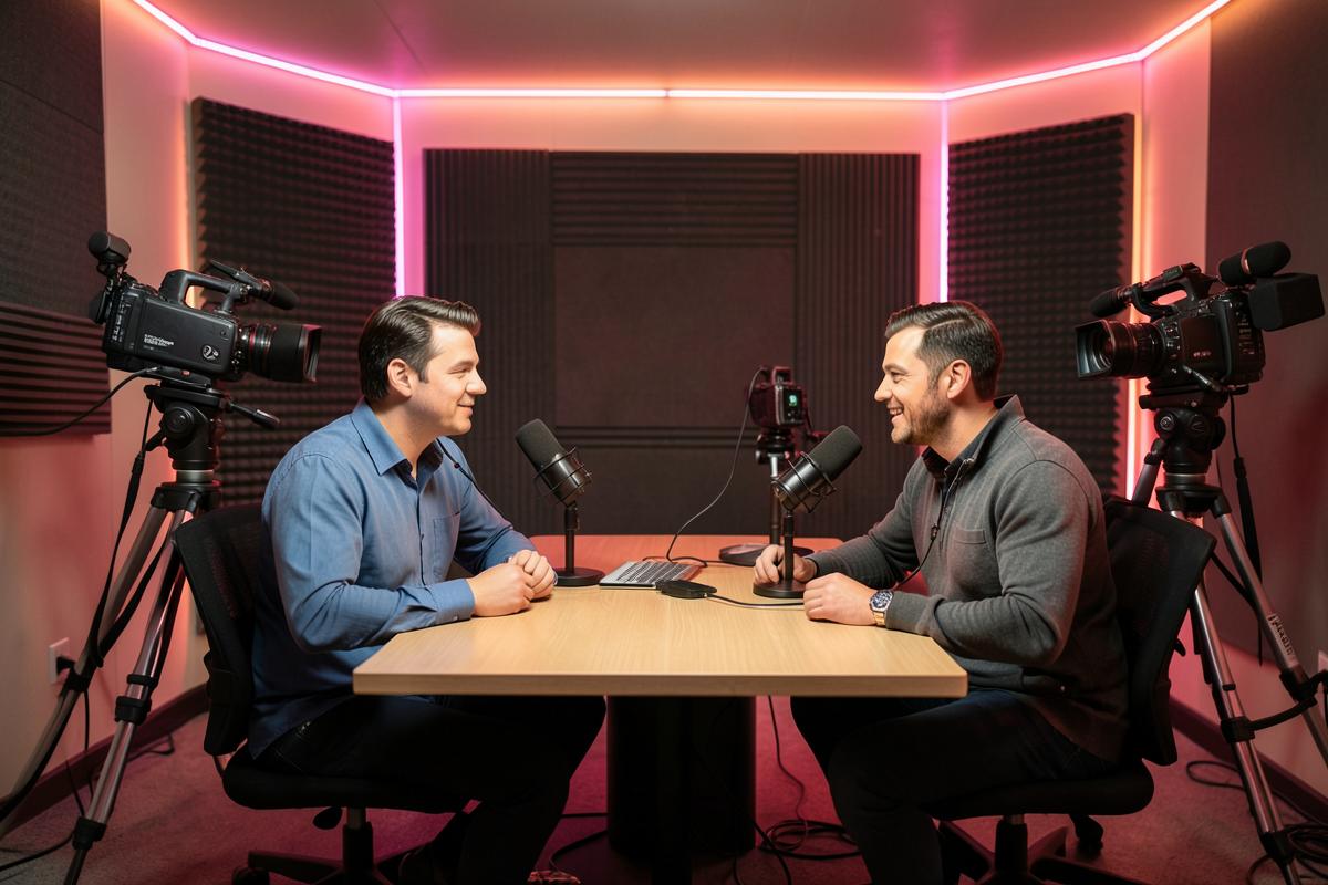 Studio d'enregistrement de podcast vidéo avec deux animateurs, microphones et caméras.