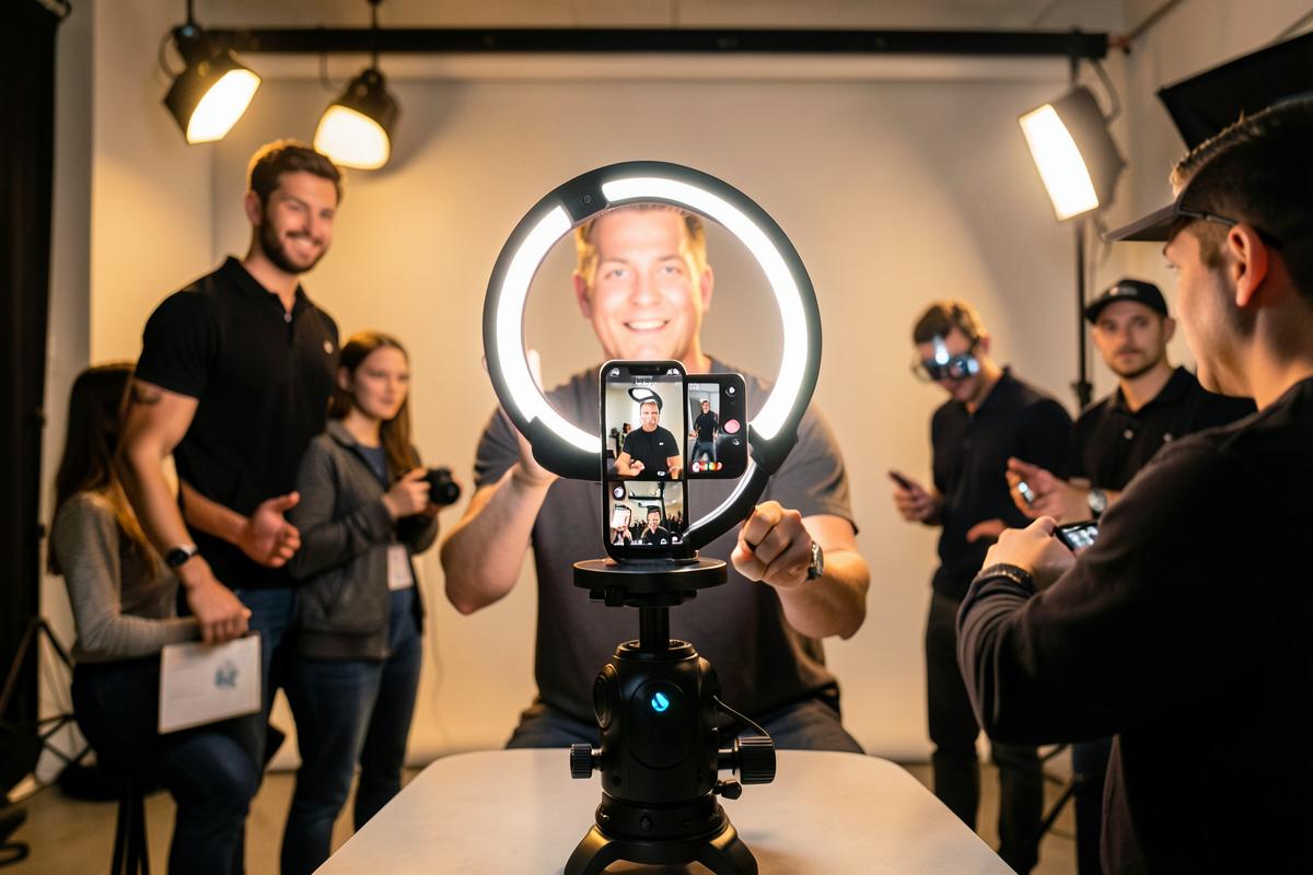 Tournage de contenu vertical pour réseaux sociaux : téléphone sur stabilisateur et anneau lumineux en studio.